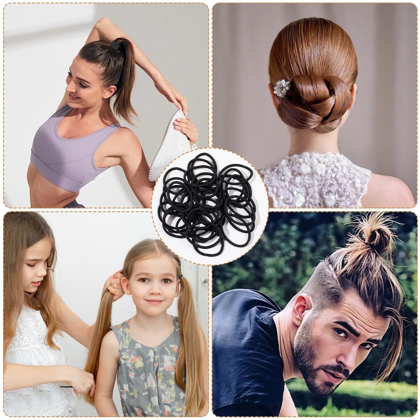 Amifiy Black Hair Ties No Damage, Organic Ponytail Holders Hair Accessories for Women & Men, 4mm Hair Elastics Fits All Hair Typ