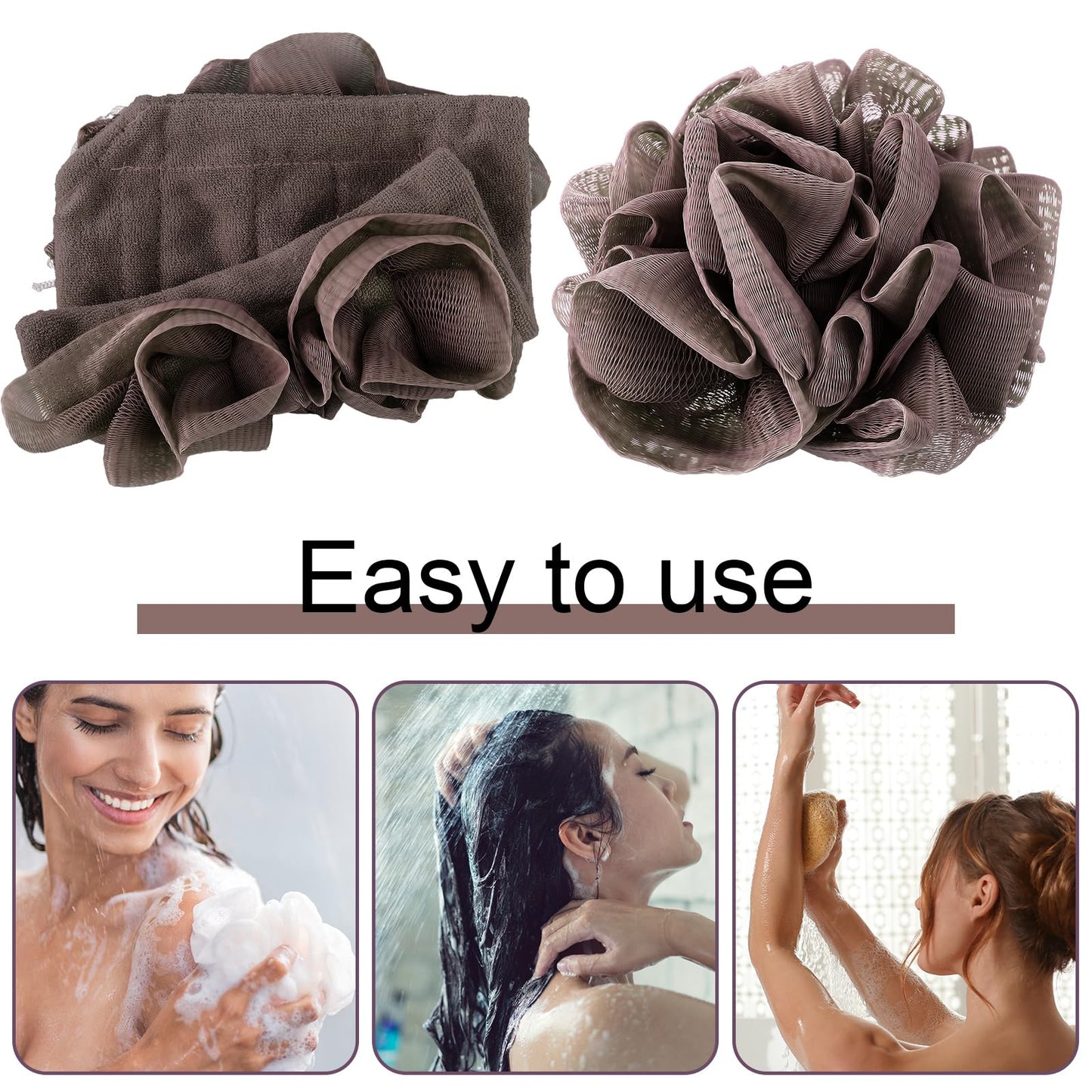 Swiffen 3 Pcs Washcloth Loofah Combo, 2 in 1 Bath Loofah Sponge with Drawstring, Exfoliation Mesh Shower Puff Ball for Body Wash