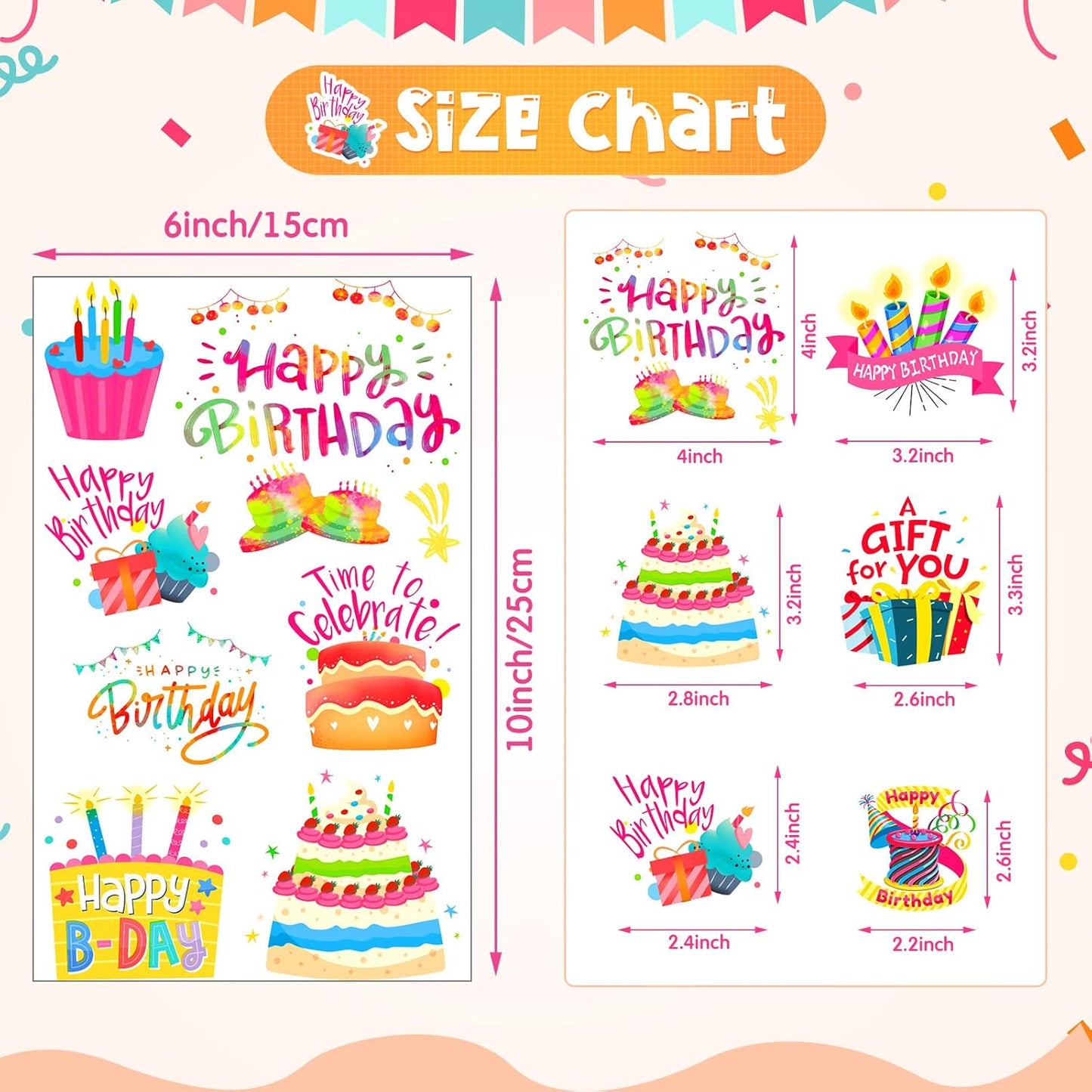 Containlol 6 Sheets Happy Birthday Stickers for Boys Girls Adults Adhesive Scrapbook Cards Stickers for Birthday Party Gift Wrap Home Classroom Decoration