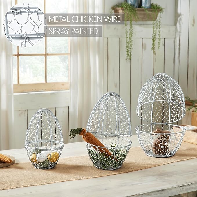 VHC Brands Bunny Hop Chicken Wire Egg Shaped Baskets Set of 3 Sizes