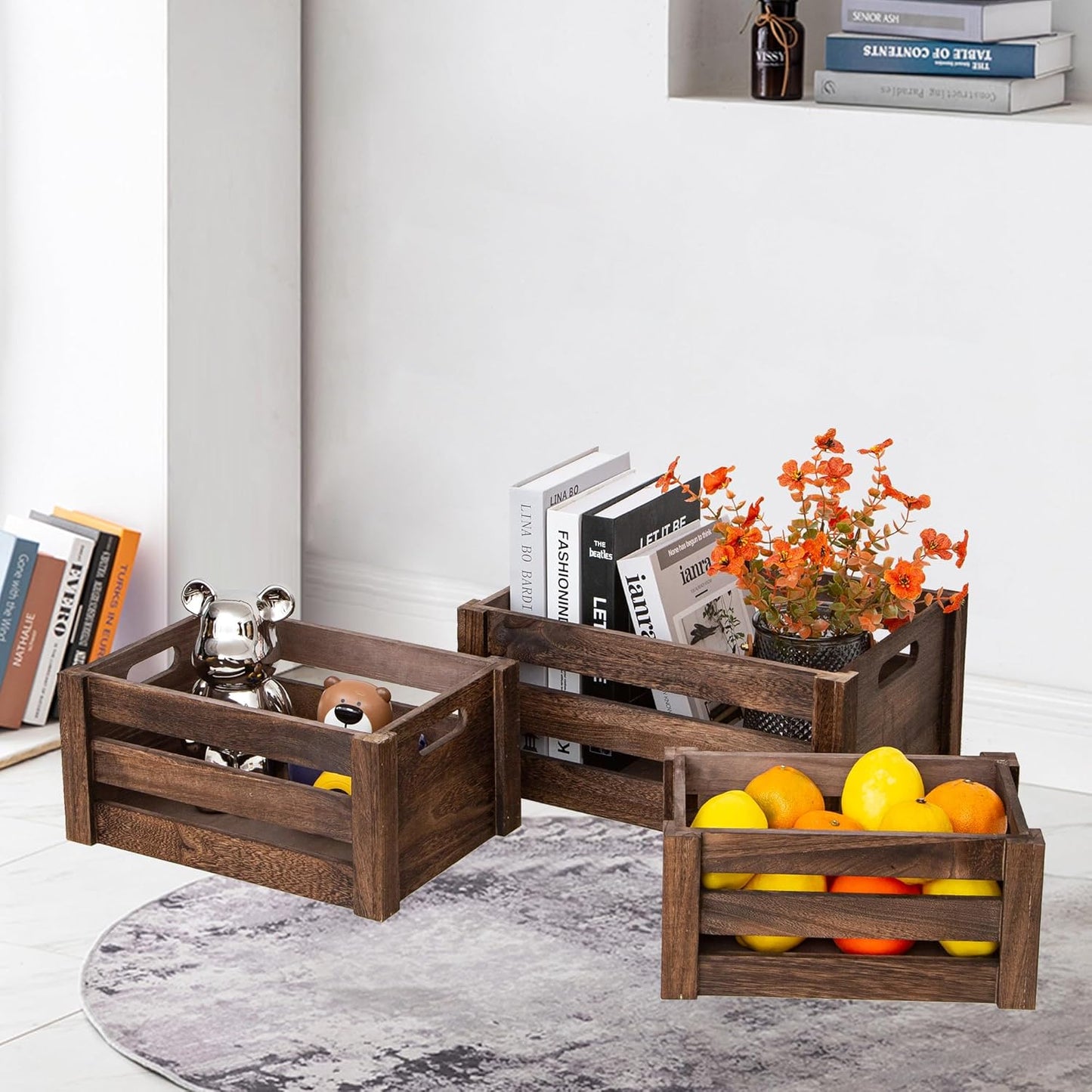 Large Vintage Black Wooden Crates For DispalyWood Crates With Handles,Rustic Handmade Wood Boxes For Storage Or Display,Solid Wood Decorative Boxes