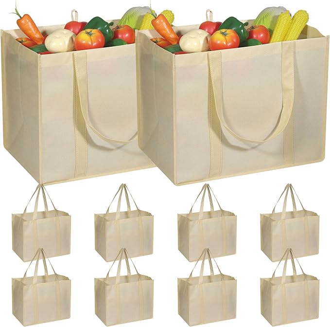 DIOMMELL 10 Pack Reusable Grocery Bags Extra Large Super Strong Heavy Duty Shopping Tote Bags with Reinforced Handles, Beige