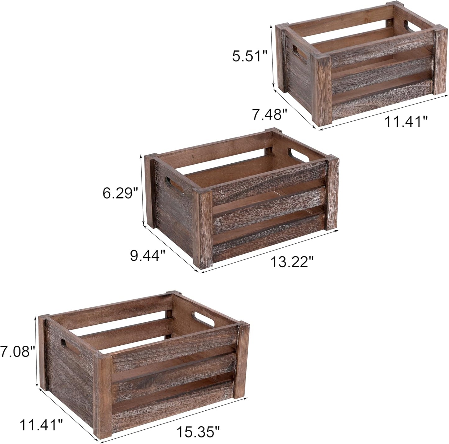 Large Vintage Brown Wooden Crates Set of 3, Rustic Handmade Wood Boxes for Storage or Display, Solid Wood Decorative Boxes