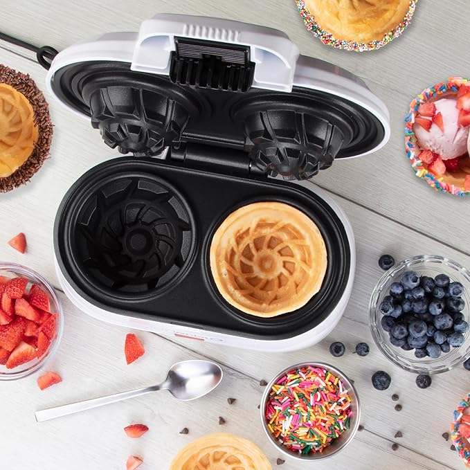 Double Waffle Bowl Maker- Make two 4″ Ice Cream Cone Bowls at Once in Just Mins- Holiday Dessert Appliance for Yogurt Fruit Snacks- Nonstick Iron Easy Clean Electric Kitchen Gadget w Recipes Xmas Gift
