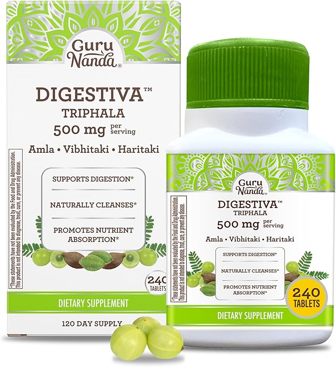 GuruNanda Digestiva Triphala (240 Tablets) & Vitamin E Oil (2 Fl Oz) - Supports Digestion, Helps with Bloating & Constipation, Dietary Supplement with Amla, Haritaki & Bibhitaki