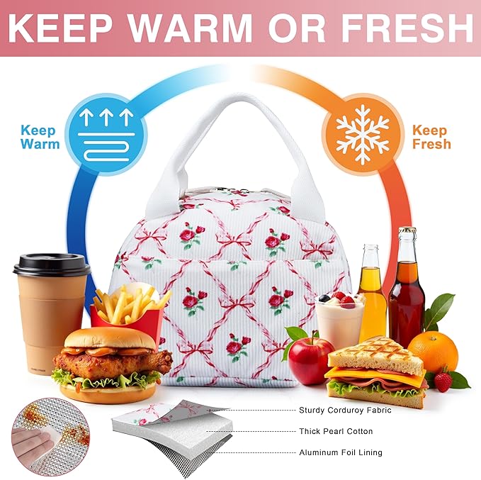 Lunch Bag - Insulated Lunch Box for Women, Reusable Large Capacity Cooler Bag for Adult, Small Leakproof Cute Corduroy Lunch Tote for Work Office Travel Picnic (Pink Bow Flower)