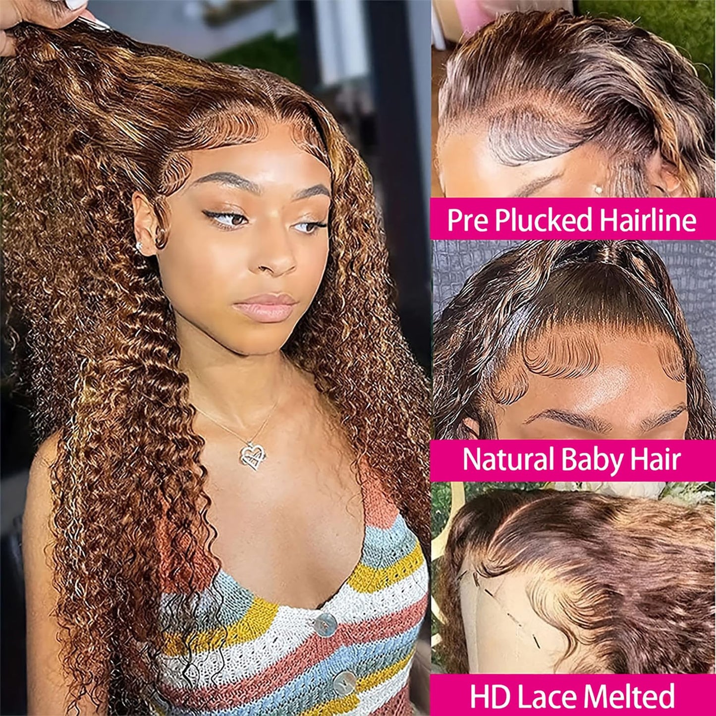 24 Inch Highlight Ombre Lace Front Wig Human Hair 13x6 HD Honey Blonde 4/27 Deep Wave Lace Front Wigs Human Hair 180% Density Co