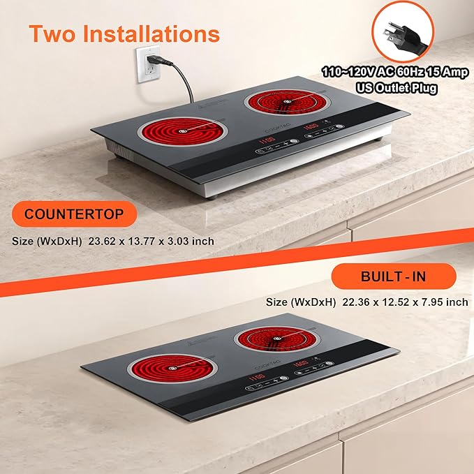 Dual Coil Design of 2 Burner Electric Cooktop, 1800W Ceramic Hot Plate for Cooking, Infrared Double Burner Portable Countertop or 24inch Built-in Radiant Stove Top Cooker, Compatible with All Cookware