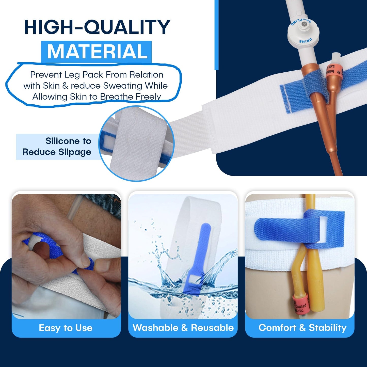 ViDava 3 Pack Foley Catheter Leg Strap, with Silicone to Reduce Slipping, Secure Your Urinary Catheter with ViDava Catheter Straps 23" Long x 2" Wide