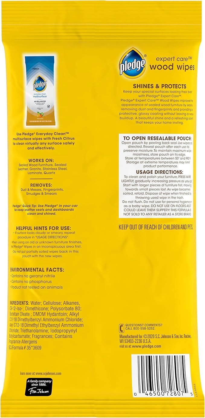 Pledge Expert Care Enhancing Wood Wipes, Lemon Scent, 24 Count (Pack of 6, 144 Total Wipes)