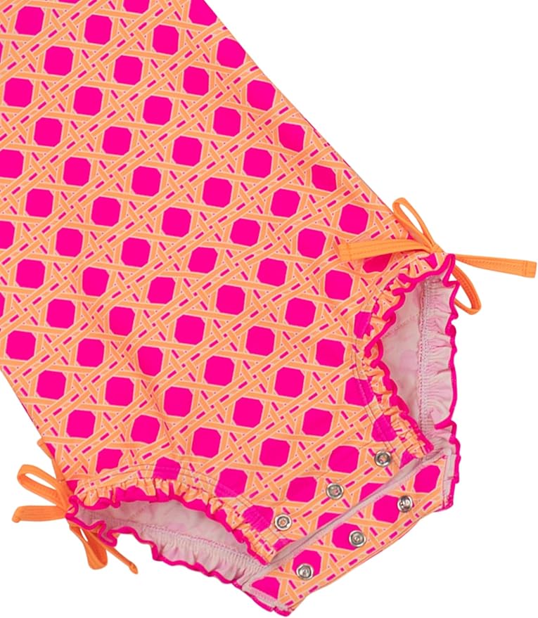 RuffleButts Baby Girls UPF 50+ Sun Protection Novelty Print Long Sleeve One Piece Rash Guard Swimsuit with Zipper