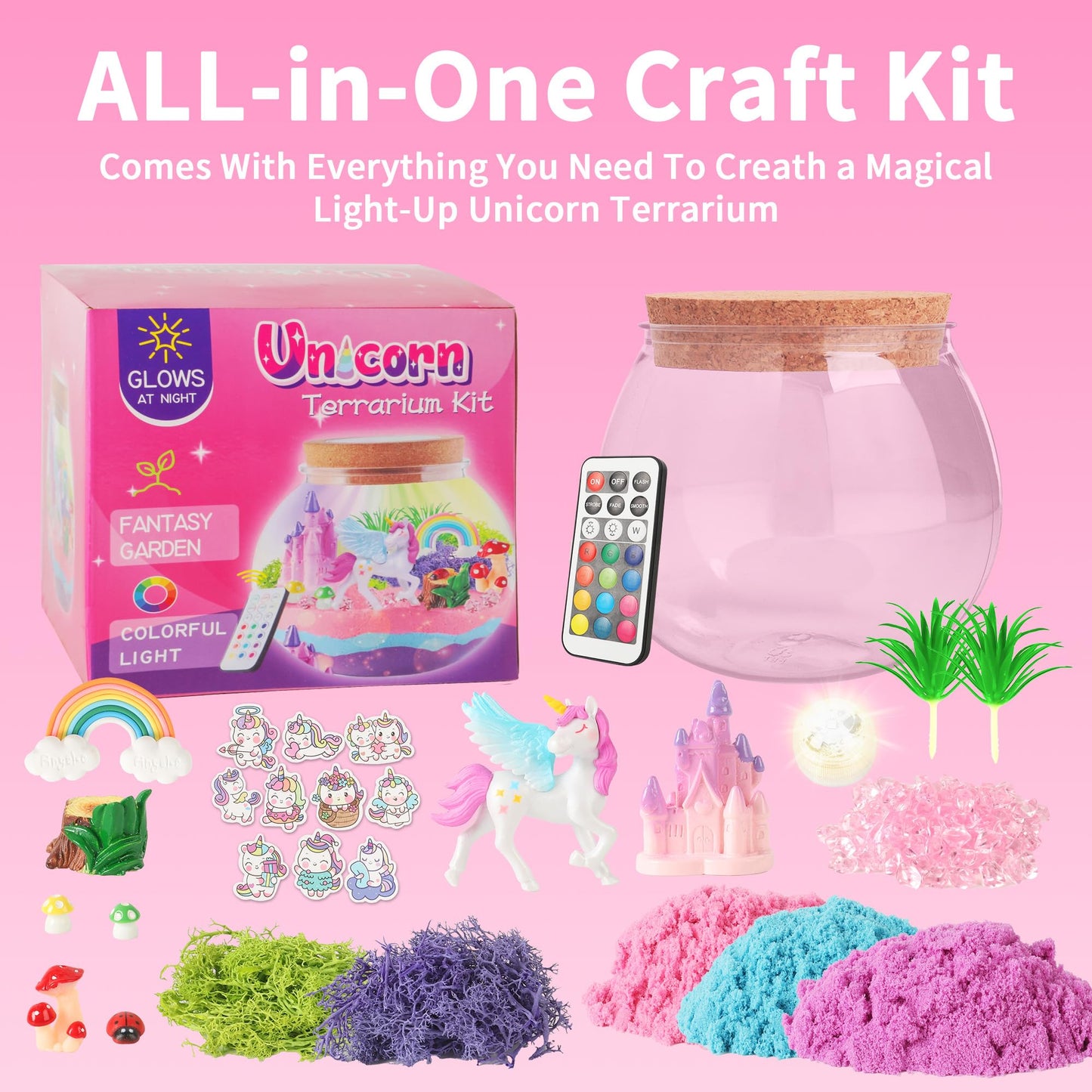 Unicorn Light-Up Terrarium Kit Toys For Kids - Not Fragile - Led Birthday Gift For Girls Ages 4 5 6 7 8-12 Year Old - Unicorn Toys For Girls - Diy Arts And Craft Kits With Stickers (Round)
