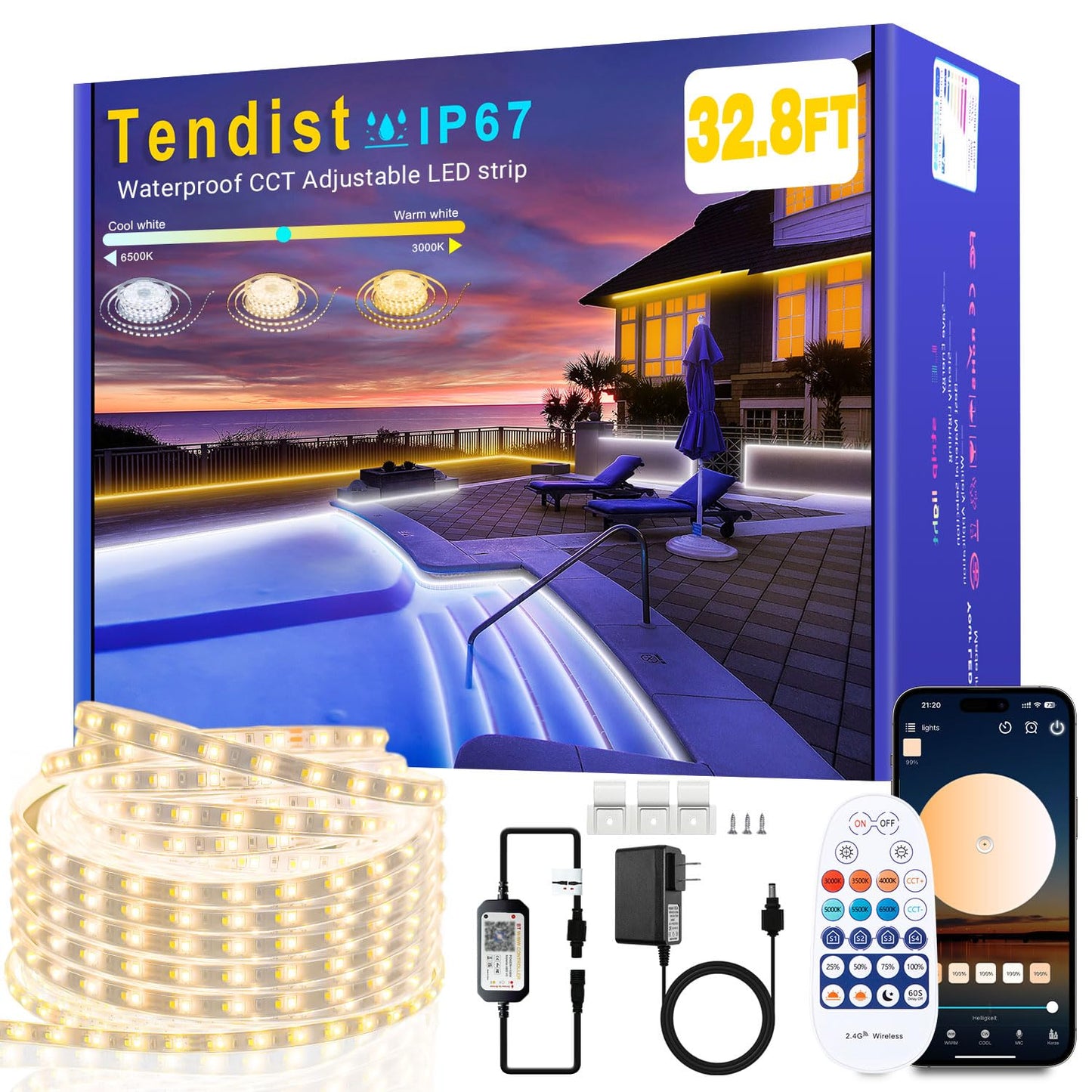 Tendist 32.8Ft Outdoor Led Strip Lights Waterproof Ip67  Dimmable 3000K-6500K Warm White Led Rope Lights Outdoor Waterproof With Remote & App  24V Adhesive Exterior Lighting For Patio  Deck  Gazebo