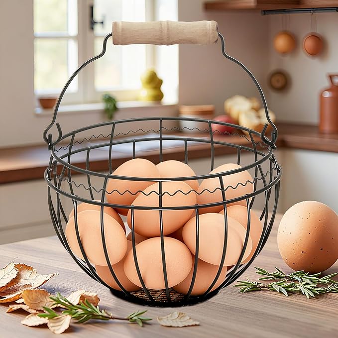 Wire Egg Basket for Gathering Fresh Eggs, Vintage Chicken Egg Collecting Basket with Handle, Farmhouse Egg Storage Container Countertop,Black, Ventilated Design, Easter Christmas Kitchen Decor