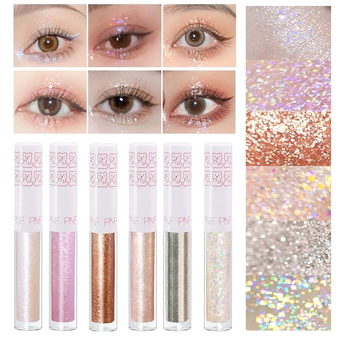 6Pcs Liquid Glitter Eyeshadow Eyeliner, Korean Makeup, Bling Under Eye Shadow, Shimmer Eye Make Up Valentine's Gift Set,Lo...