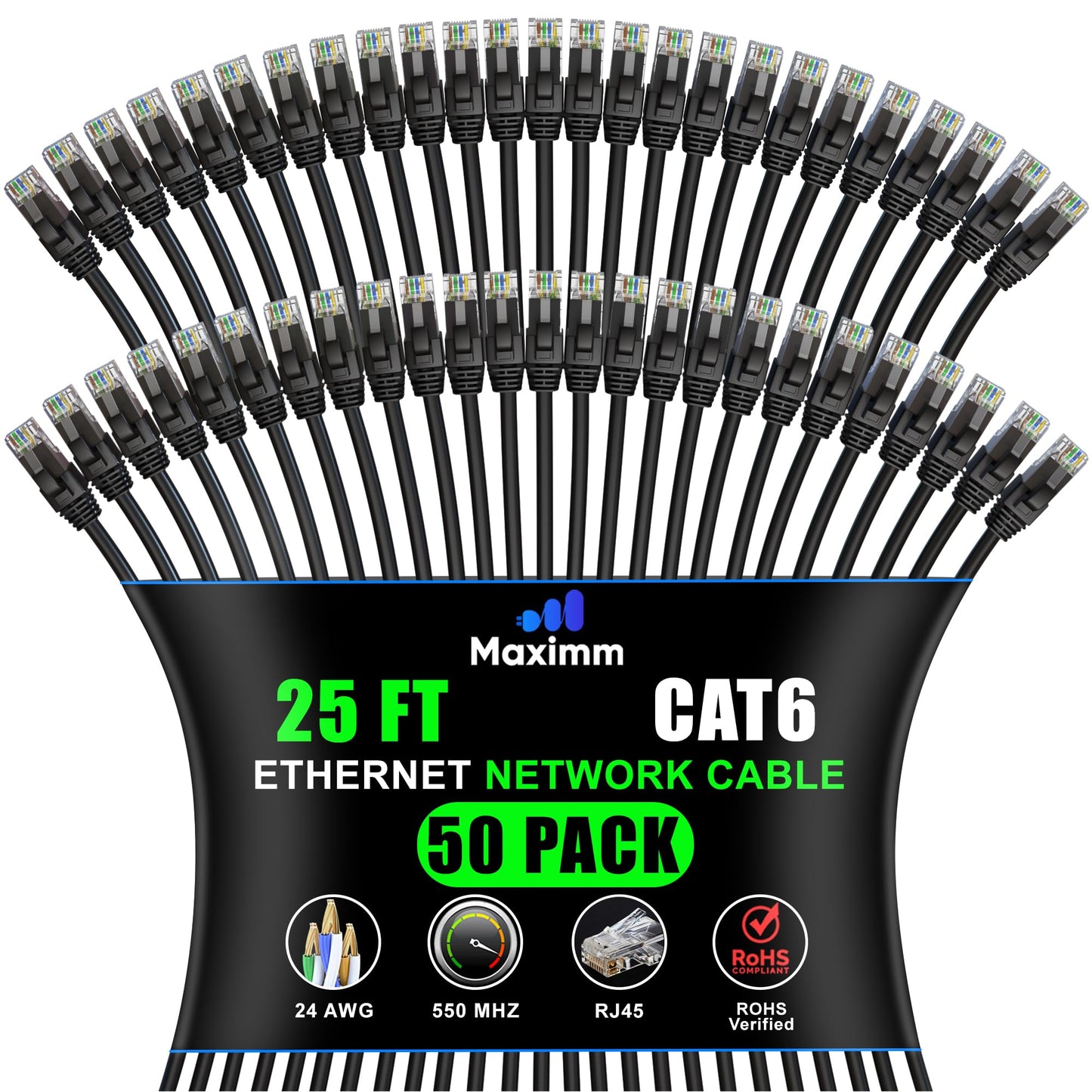 Maximm Cat 6 Ethernet Cable - 25 Ft (50-Pack) - High-Speed Lan, Internet, Patch, And Network Cable - Utp, 10Gbps, 550Mhz Etherne