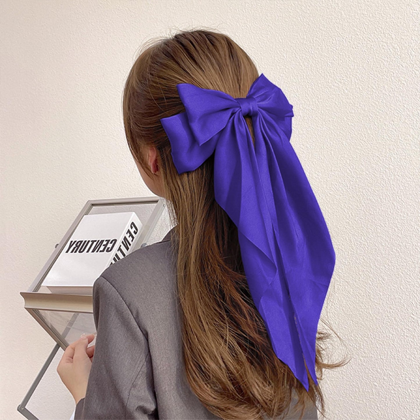 Hair Bows for Women Girls - Silky Satin Bow Hair Clip with Long Tail Ribbons - Halloween Hair Accessories (Purple,1Pcs)