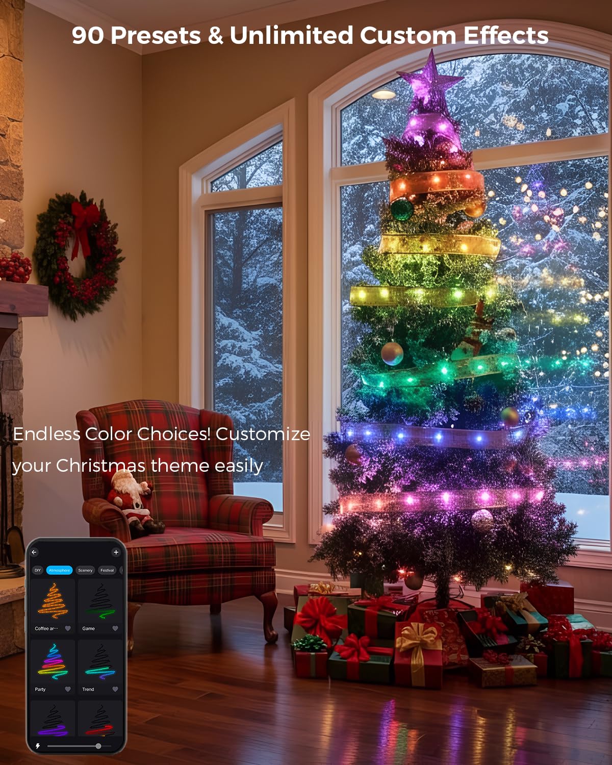 Bravedream 33Ft Smart Christmas Ribbon Lights  Color Changing Lighted Ribbon  100 Leds  80 Modes  App & Remote Control  Music Sync  Timer  Usb Powered  Extendable Via App For Tall Xmas Tree  Golden