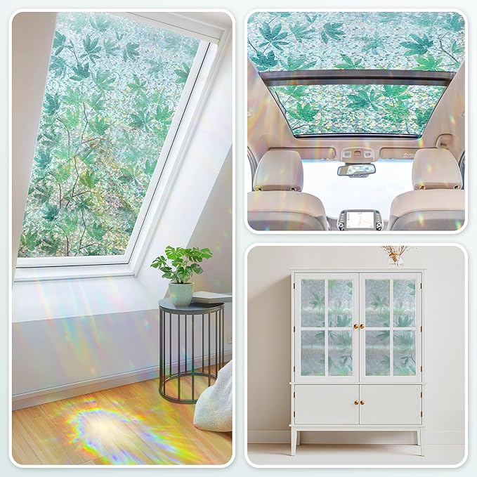 Haton Window Privacy Film, Rainbow Decorative Film, Stained Glass Window Clings, Static Cling UV Blocking Heat Control Tint Sticker for Home Door, Leaf Rainbow, 17.5" x 78.7" Non-Adhesive