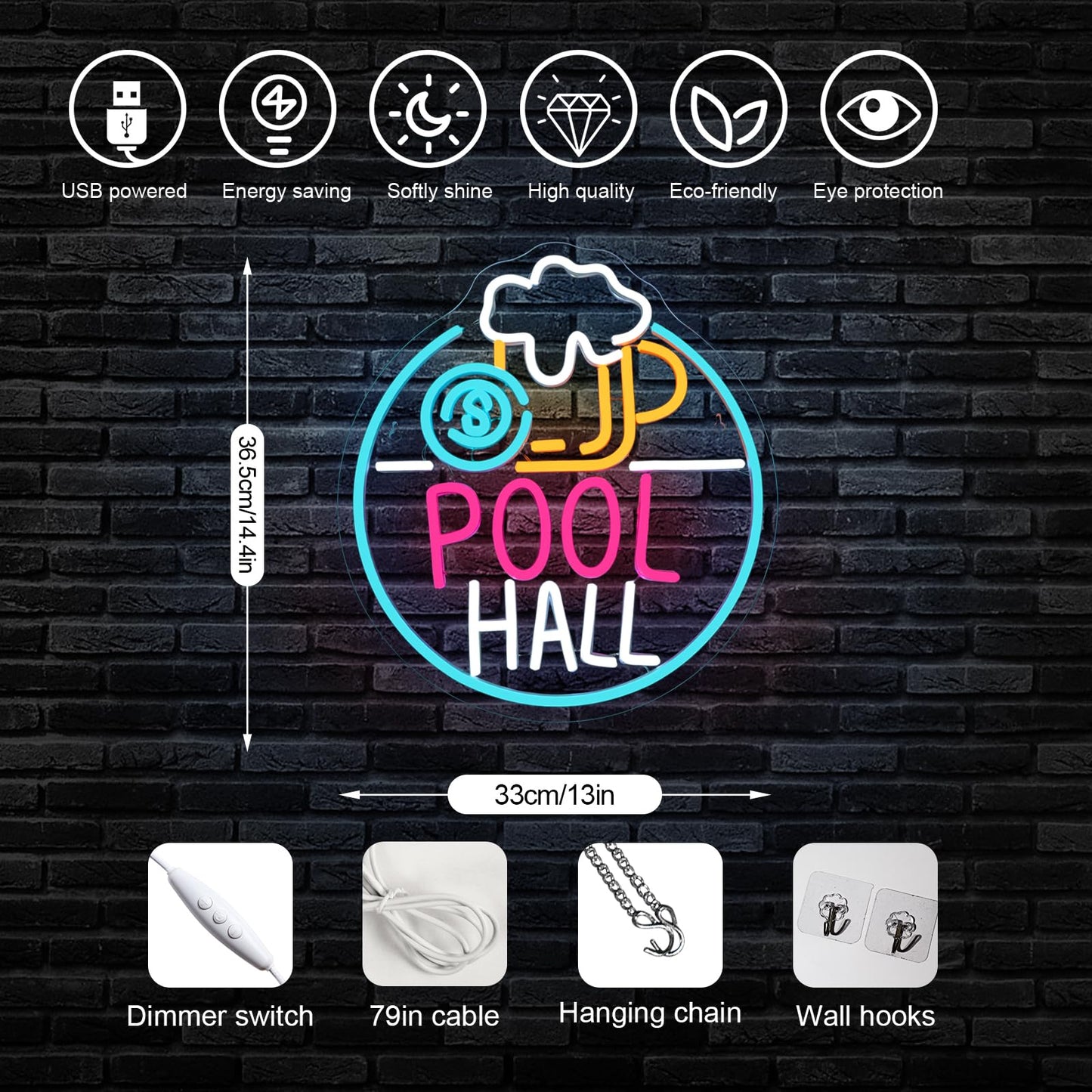 Horseneon Pool Hall malt-inspired Neon Sign Led Light Sign Wall Decor For Pool Hall  Game Rooms  Bars  Basements & Man Caves Usb Powered  Adjustable Brightness Billiards Themed Lighting