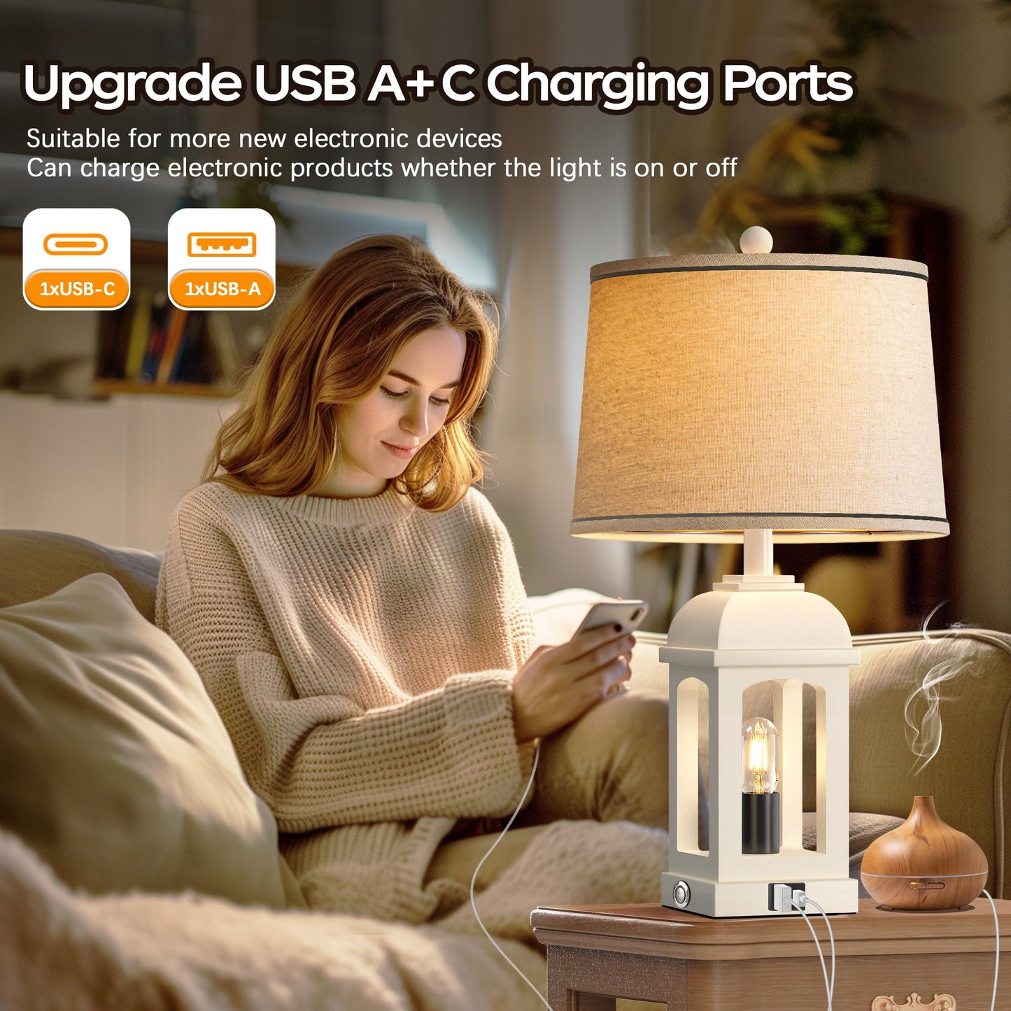 QiMH Table Lamp, Rustic Nightstand Lamp with 3-Way Dimmable Touch Control, USB A+C, 26in White, 1 Pack, Model STR-DL-0192