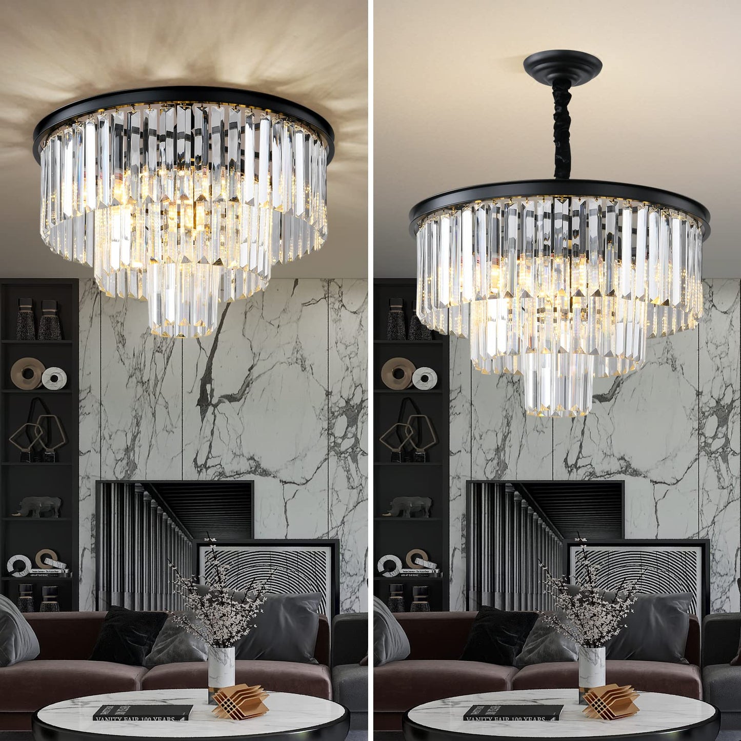 Laiuetai Black Modern Crystal Chandelier  3-Tier Round Flush Mount Ceiling Light Fixtures Height Adjustable Pendant Lighting For Dining Room Living Room Bedroom Kitchen Hotel Foyer