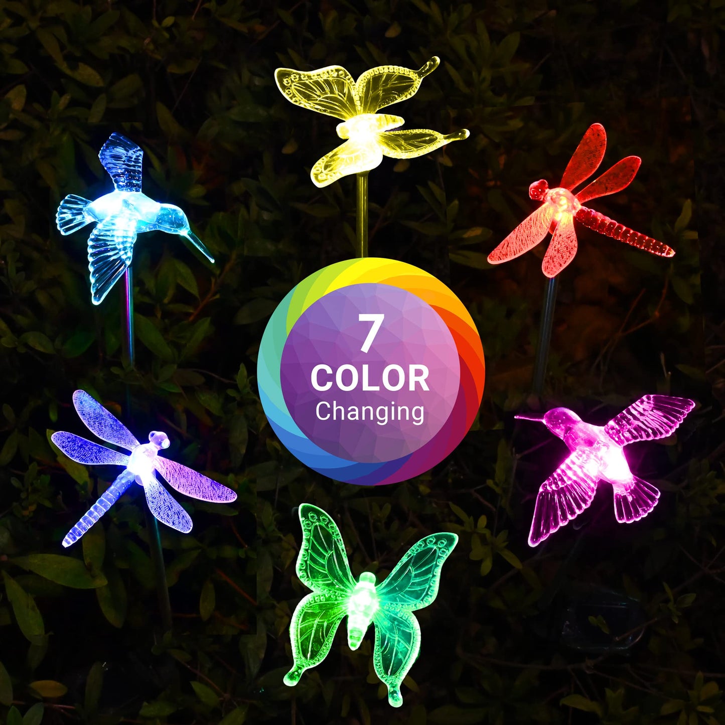 SOLPEX Solar Garden Lights, 6 Pack, Multi-Color Changing LED, Plastic, Dragonfly Design for Yard, Patio, Lawn