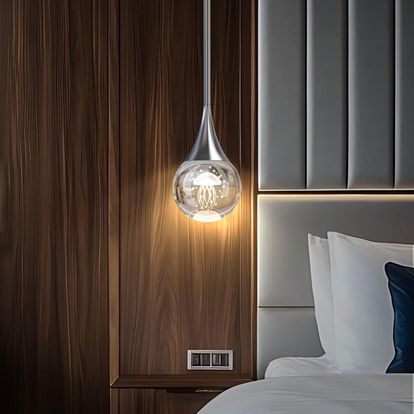 2-Pendant Lights Kitchen Island  Chrome Silver Crystal Globe Ceiling Hanging Light Fxitures  Led Lamp Metal Rod Ceiling Jellyfish Pendant Lighting For Kitchen Dining Room Bar