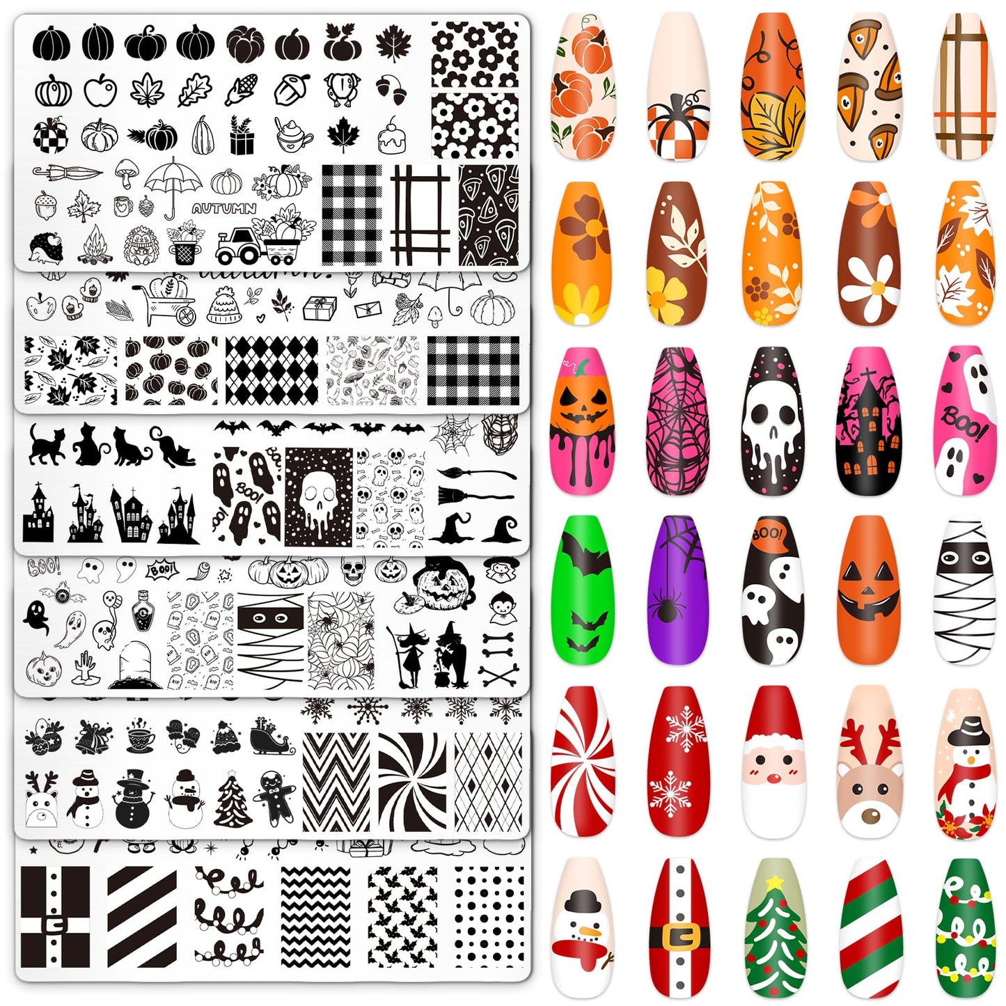 Whaline 6Pcs Fall Halloween Christmas Nail Plates Stamping Set Pumpkin Ghost Snowman Stamp Templates Nail Art Plates for DIY Pri