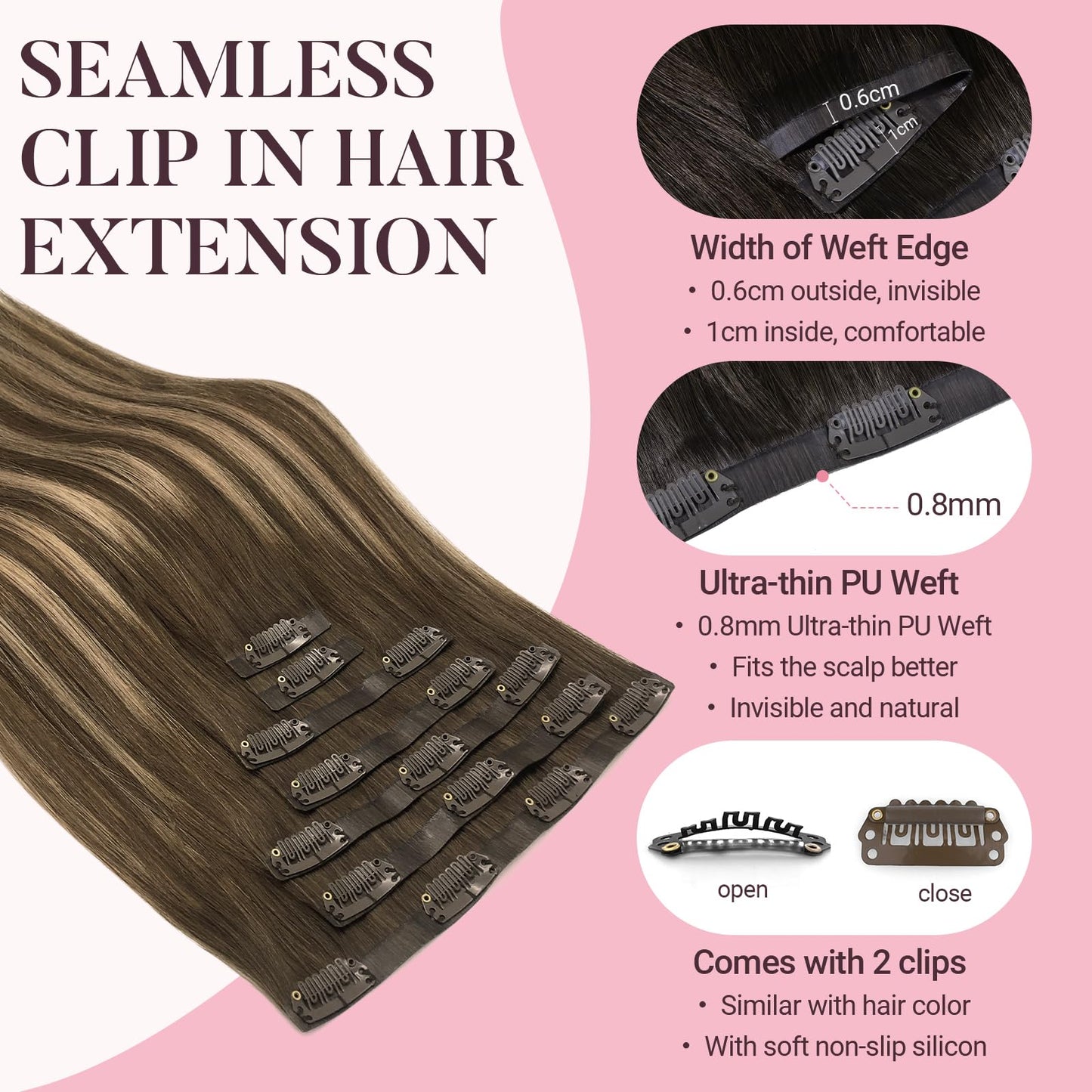 MAXITA Clip in Hair Extensions Real Human Hair, 7pcs 150g Balayage Chocolate Brown to Caramel Blonde 20 Inch, Seamless Hair Exte