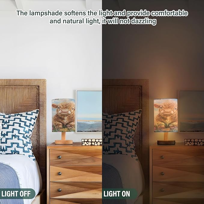 Highland Cow Flowers Table Lamp Bedroom Bedside Night Reading Desk Lamps Cylinder Nightstand Sleeping Light Lamp for Kids Living Room Office Decor