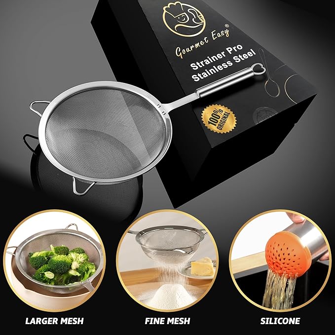 Stainless Steel Fine Mesh Strainer Set – 1 Large Flour Sifter with Sturdy Handle + 1 Small Mesh Sieve for Pasta & Rice + 1 Silicone Can Strainer – Stable, Durable, Dishwasher Safe, 5-Year Warranty