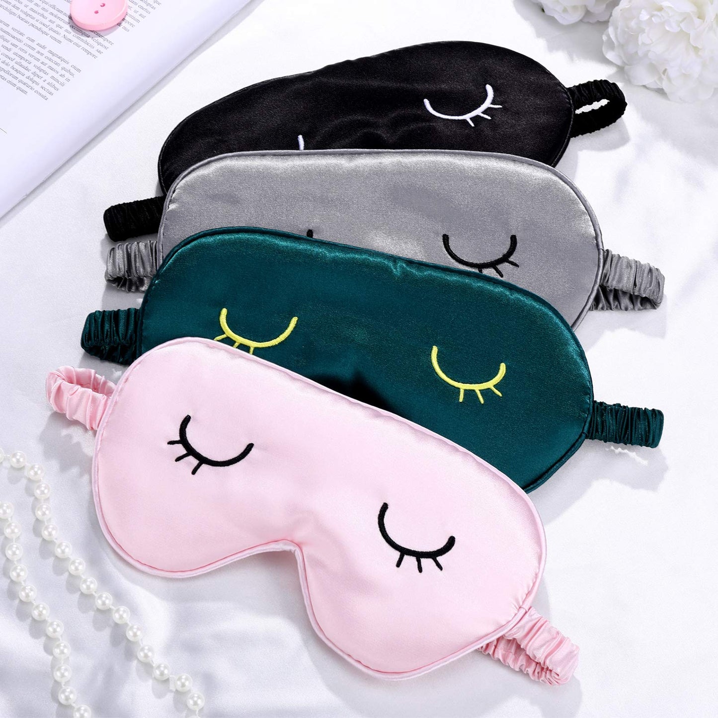 4 Pieces Sleep Eye Masks Silk Sleep Eye Cover Cute Lightweight Adjustable Eyeshade Masks Satin Night Eyeshade Covers for Women Men Travel Nap