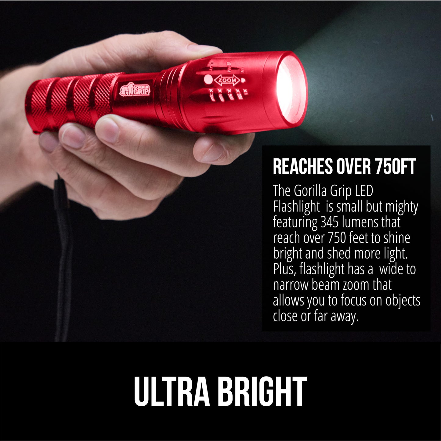 Gorilla Grip LED Tactical Flashlight, 750 FT Zoom, High Lumens, Water Resistant, Red, Model 840029670910
