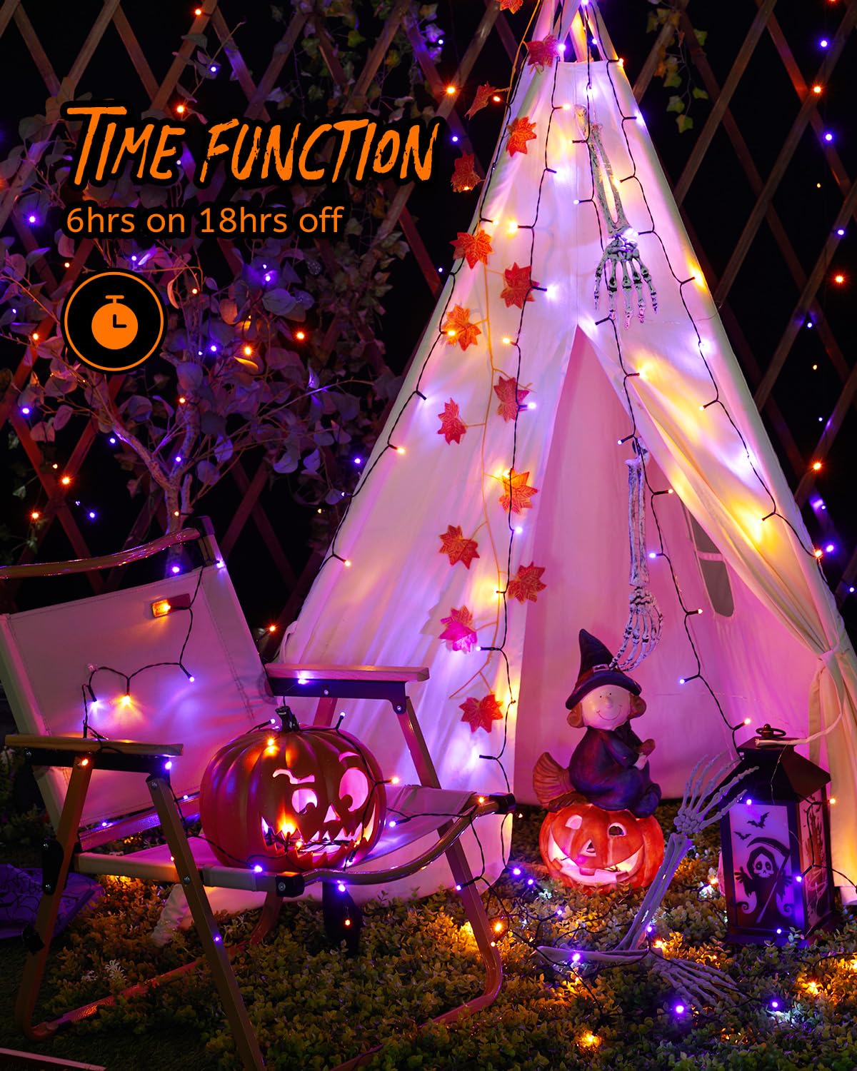Minetom Halloween String Lights, 200 LED, 66FT, Purple & Orange, 8 Modes, Plastic, Model AED09-02900200GQIP44