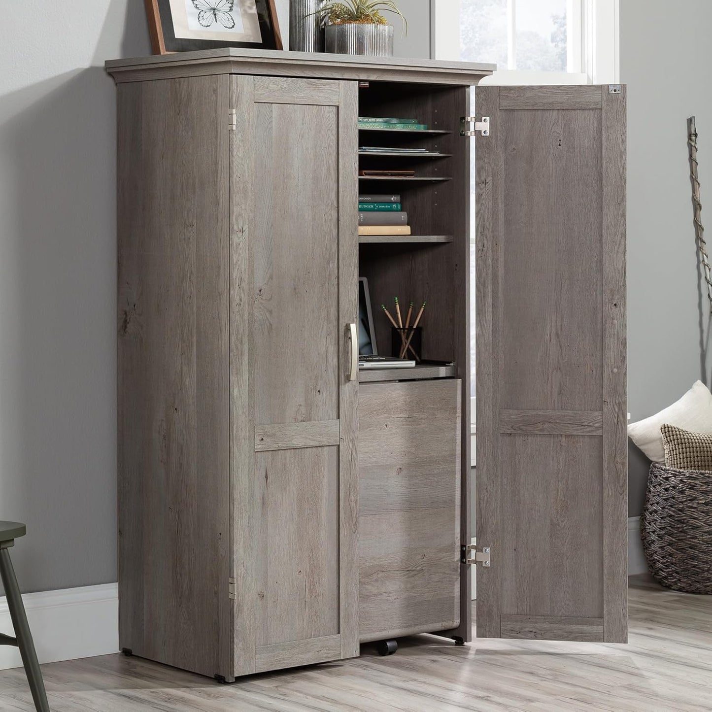 Sauder Miscellaneous Storage Craft & Sewing Armoire, L: 35.112" x W: 21.81" x H: 61.58", Mystic Oak