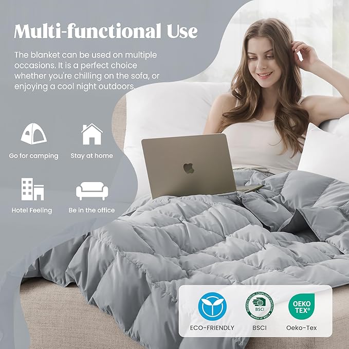 puredown® Queen Size Blanket for Bed, Ultra Soft Lightweight Down & Feather Fill, All Season Blanket, Machine Washable, 88"X90", Alloy Gray