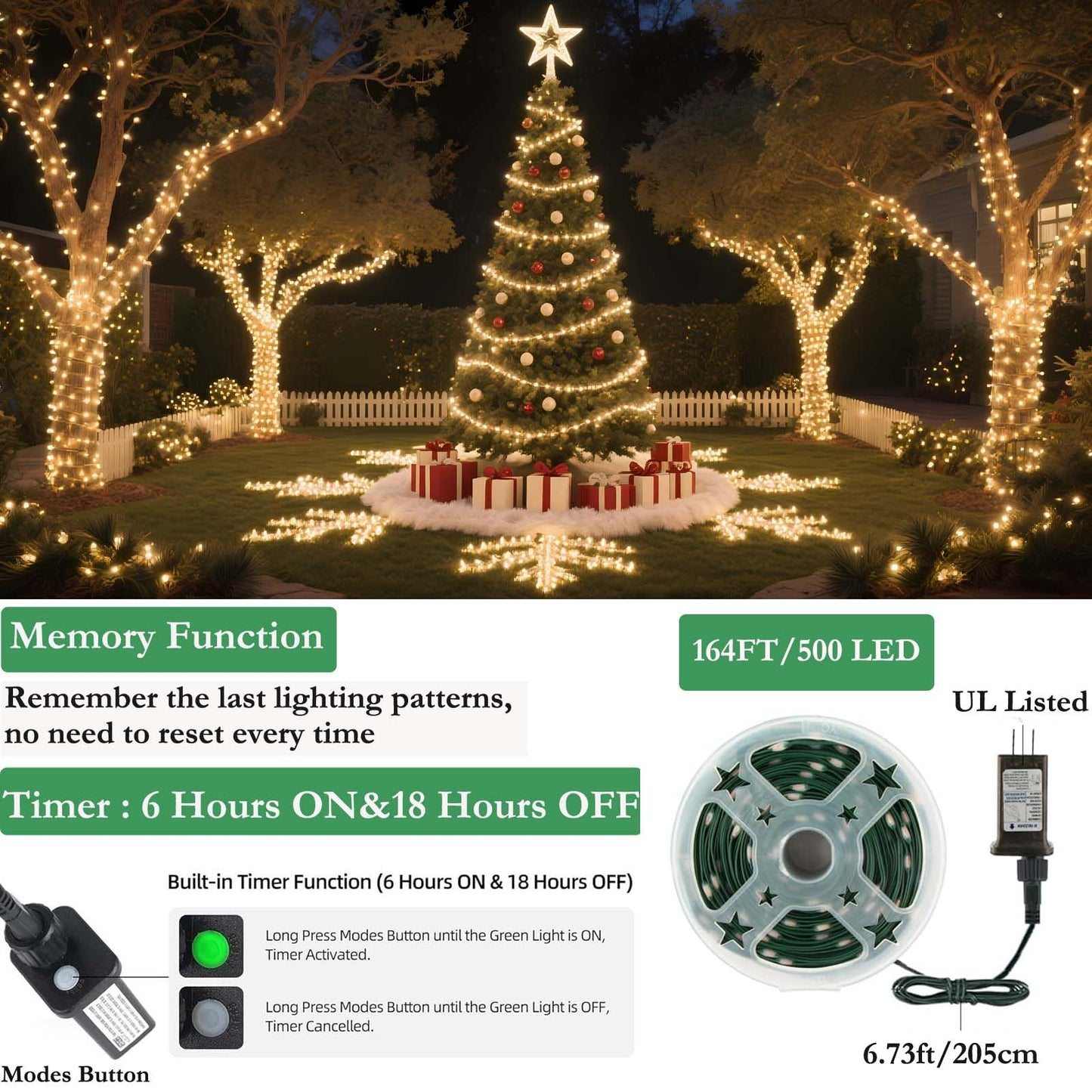 Tcamp 164FT 500 LED Christmas Lights, 8 Modes, Timer Function, Green Wire, Warm White