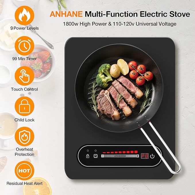 1800W Electric Cooktop, 11 Inch Portable Single Burner with Timer & Child Lock - 110-120V Compact Countertop Stove for Everyday Cooking in Kitchen, Dorm, RV or Office