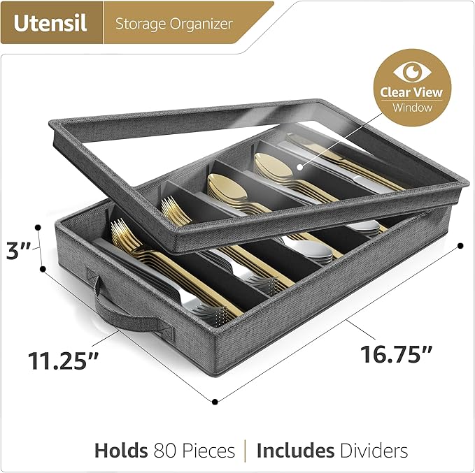 Sorbus Flatware & Utensil Storage - Gray Fabric Chest Box for Storage and Organizing Utensils, Silverware, Flatware, Cutlery - Silverware Organizer Container with Clear Lid & Adjustable Divider