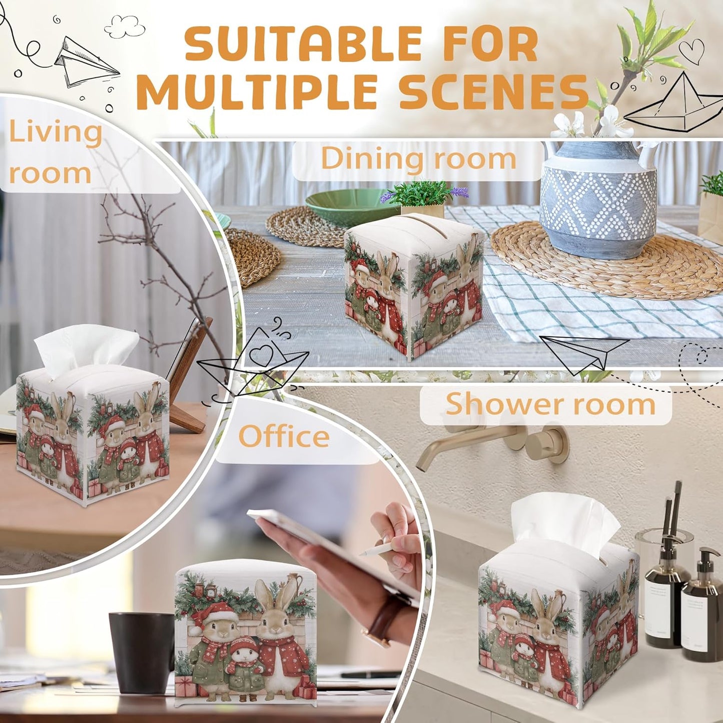 Christmas Tissue Box Holder, Christmas Bunny Leather Tissue Box Cover Square with Bottom Belt, Paper Facial Decorative Tissues Cover for Night Stands Bathroom Office Home Decor-B12