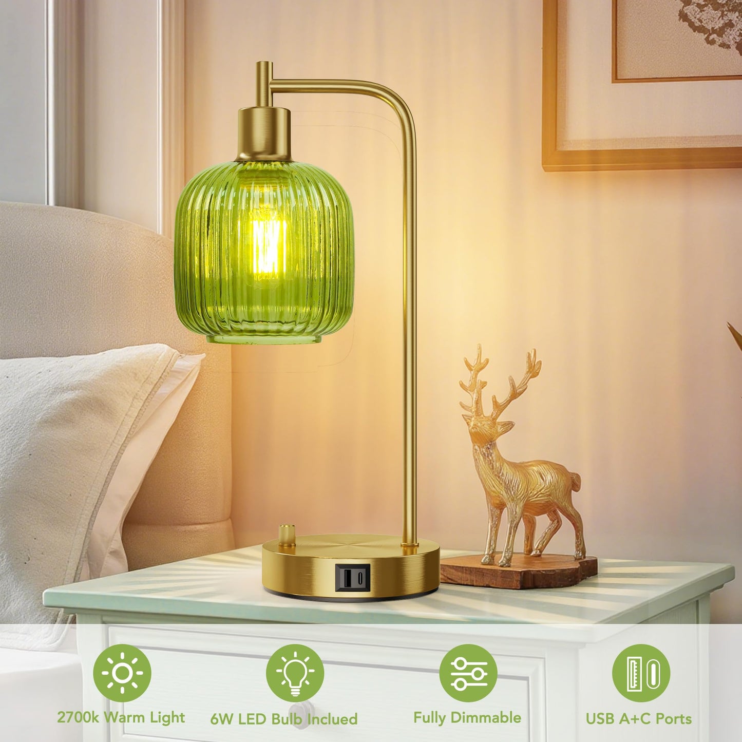 QiMH Table Lamp Set of 2, Gold & Green Glass, USB A&C Ports, Stepless Dimmable, Model STR-DL-0208, Nightstand & Office Decor