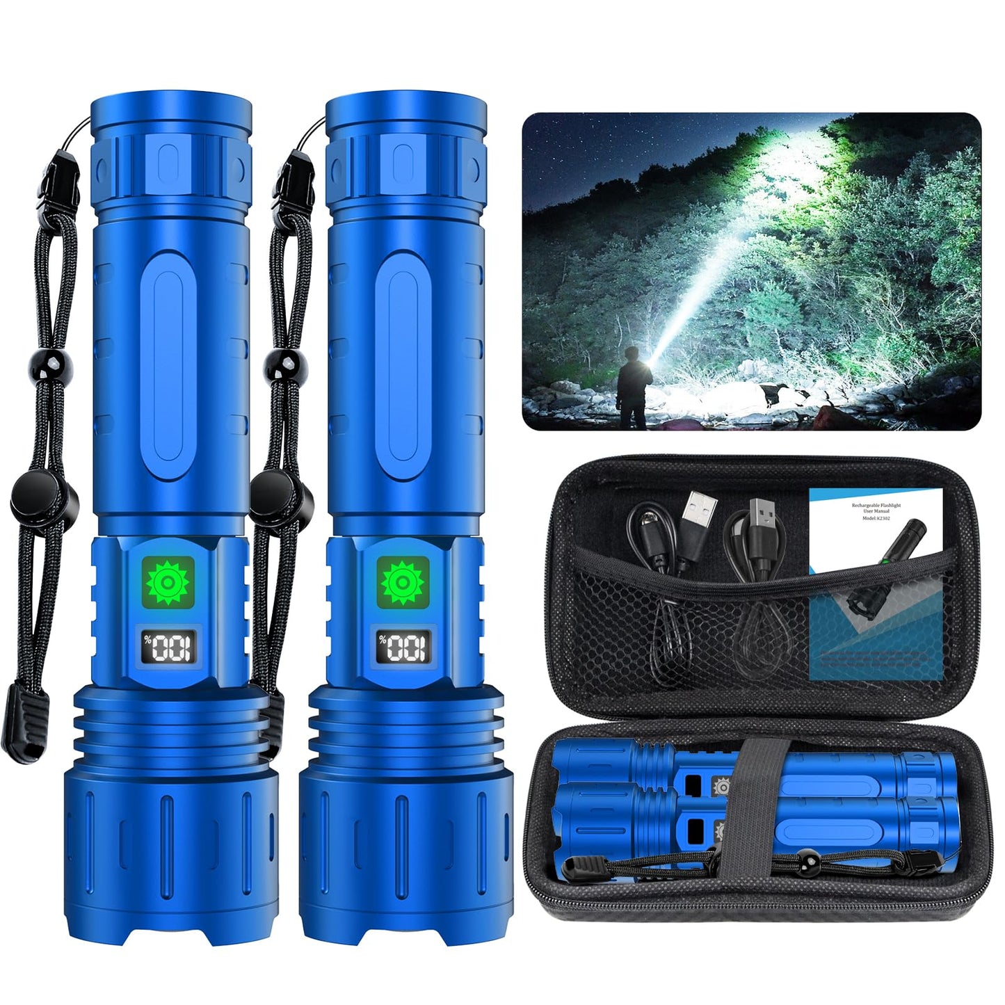 Hoxida Rechargeable Tactical Flashlight - 1500m Beam, LED, IPX5 Waterproof, 5 Modes, Blue, Model 016-1, 20H Runtime