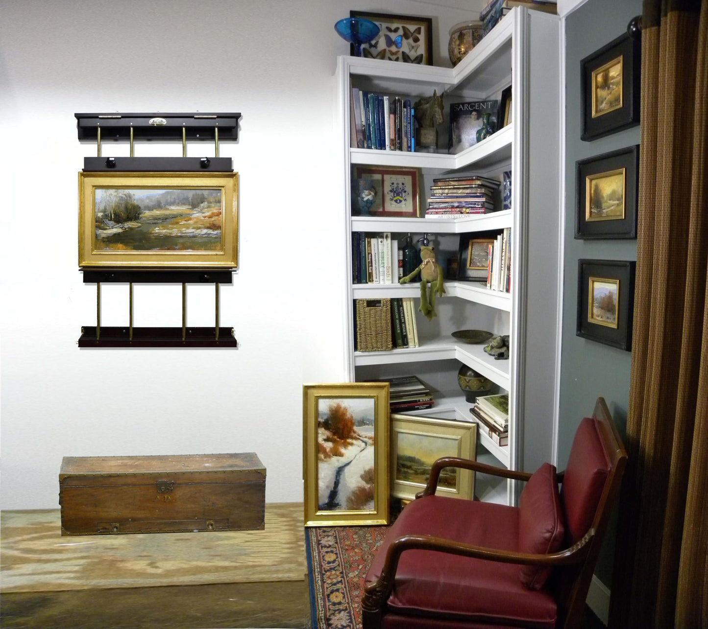 Rue Wall Easel Large - Mahogany Finish & Brass Hardware - 48" Wide Hanging Wall Mountable Display for Art, Adjustable Angle, Holds Canvas Up to 60", Decorative Holder, Easel Lamp Compatible, 38lbs