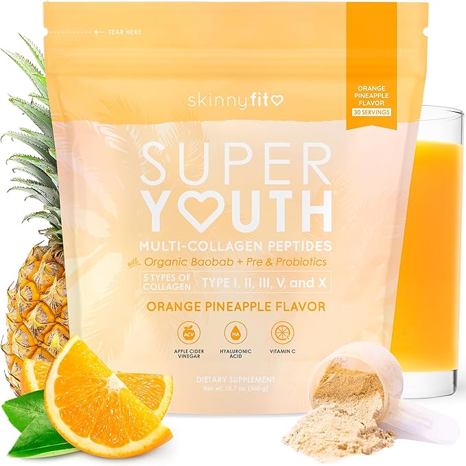 SkinnyFit - Super Youth, Orange Pineapple (28 Servings) - Multi Collagen Peptides Powder - Probiotics, Fiber, Hyaluronic Acid - Collagen for Women - Non GMO, Gluten Free, Sugar Free - Self Care