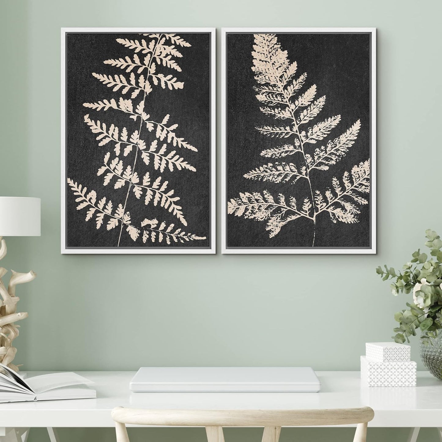 SIGNWIN Canvas Print Wall Art Set Black Tan Forest Fern Plant Leaf Silhouette Nature Wilderness Illustrations Modern Art Rustic Multicolor for Living Room, Bedroom, Office - 24"x36"x2 White