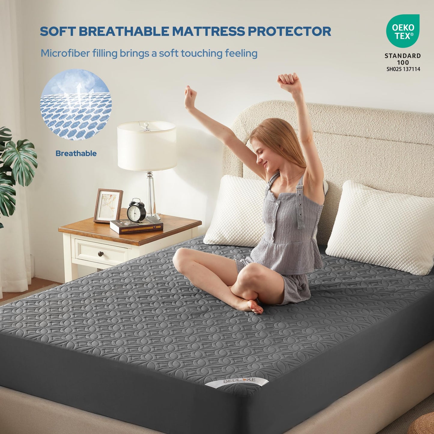 BEDLORE Waterproof Mattress Protector, Queen Size Mattress Pad Noiseless with Deep Pocket 6"-18" Depth, Soft Breathable Dirt-Proof Bed Mattress Cover Washable for Home, Bedroom, Hotel (Gray)