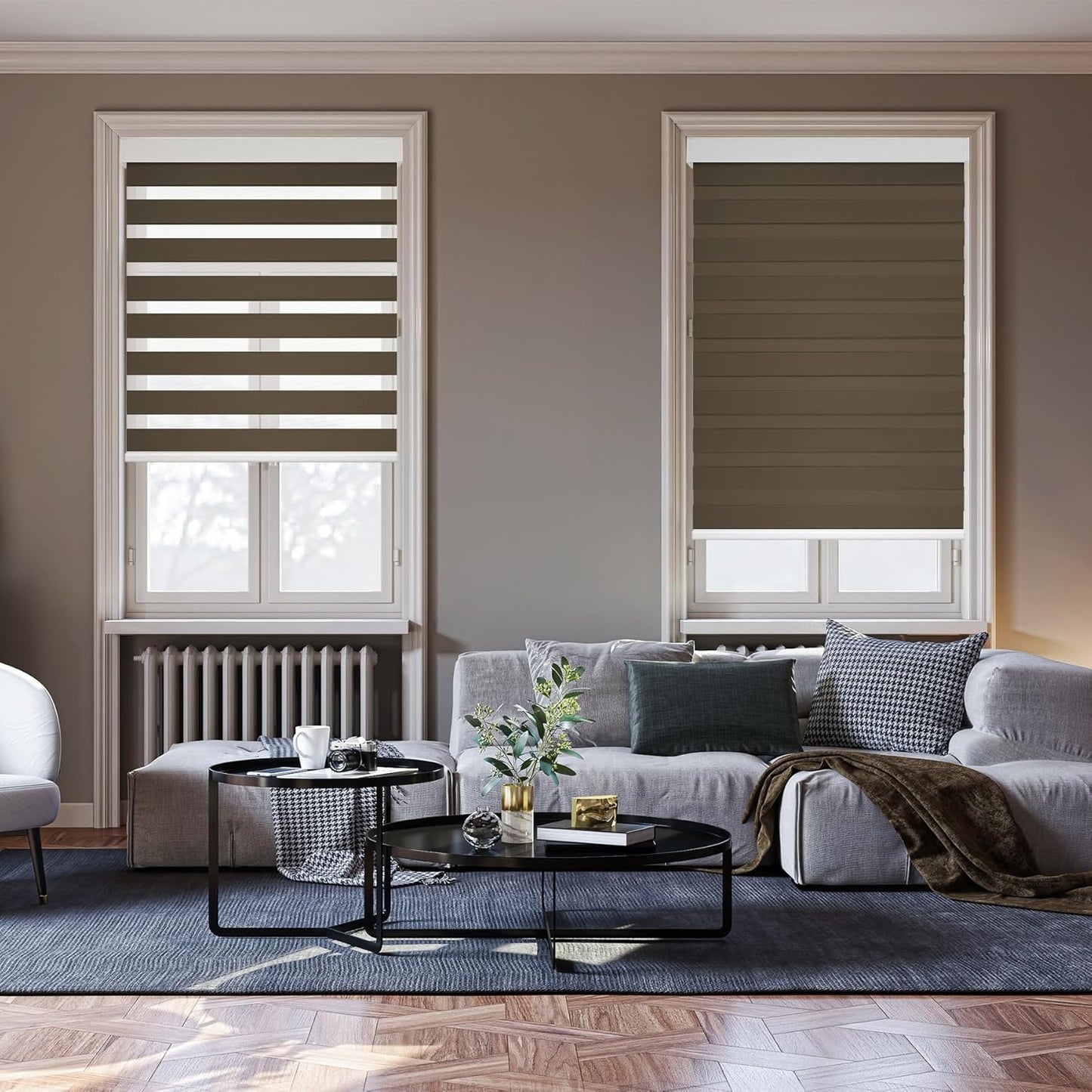 HESTIA Cordless Zebra Blinds Light Filtering Roller Shades UV Blocking Blackout Privacy Indoor Window Shades for Home Office Day and Night, Brown,39" W x 48" H