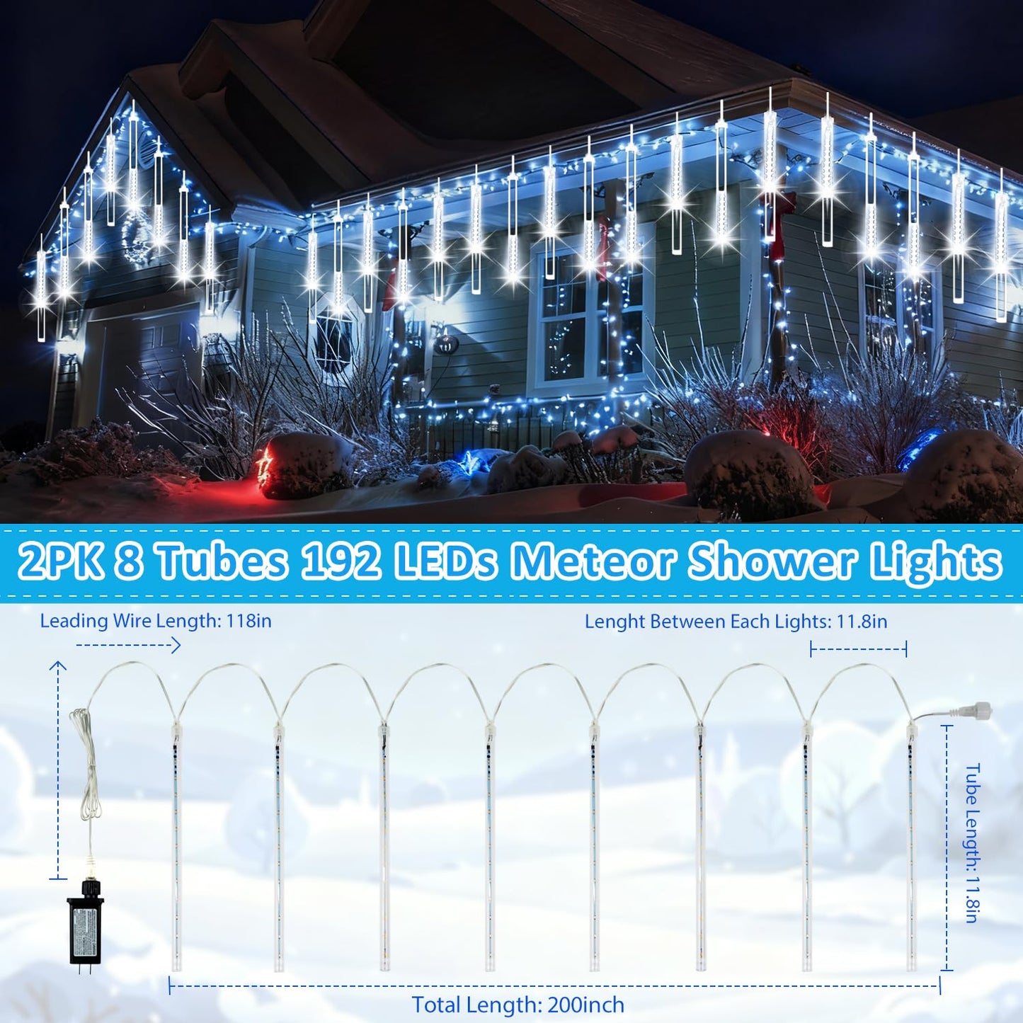 2-Pack Christmas Lights Outdoor  16Tubes 384Leds Extendable Meteor Shower Lights  Falling Rain Light Waterproof Plug In Tree Light For Christmas Backyard Garden Patio Xmas Decoration (Cool White)