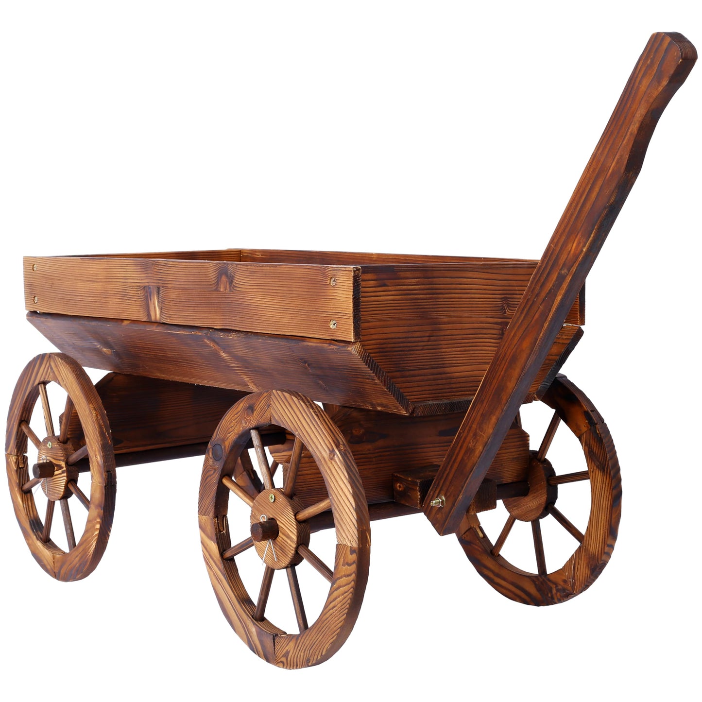 AYUYK Wood Wagon Planter with Wheels, Large Rustic Outdoor Garden Decor – Solid Fir Wood Wheelbarrow Planter for Patio, Balcony, Backyard, Heavy Duty Wooden Flower Cart with Handle